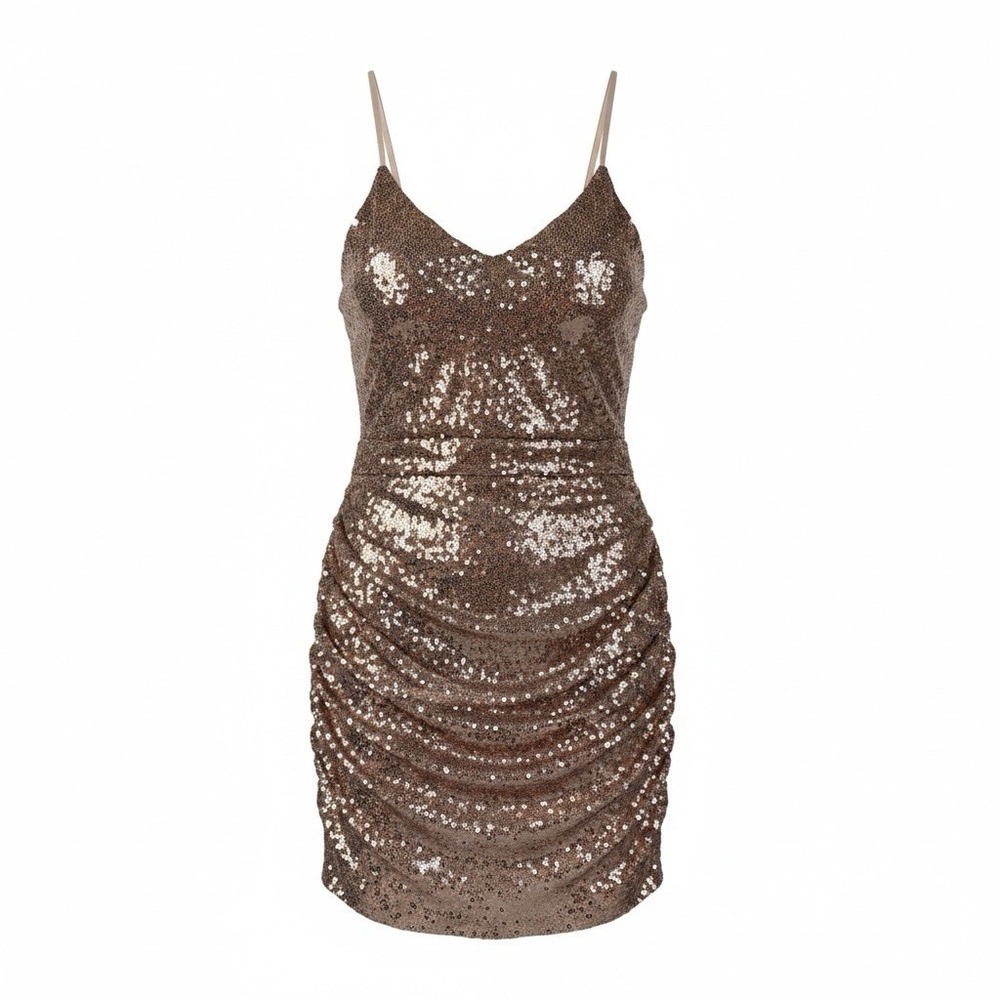Unbranded Women Pink Sequin Bodycon Mini Dress V-Neck Spaghetti Strap Large